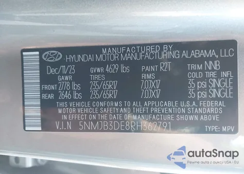 2024 Hyundai Tucson Sel из США, поврежденный, VIN 5NMJB3DE8RH362791